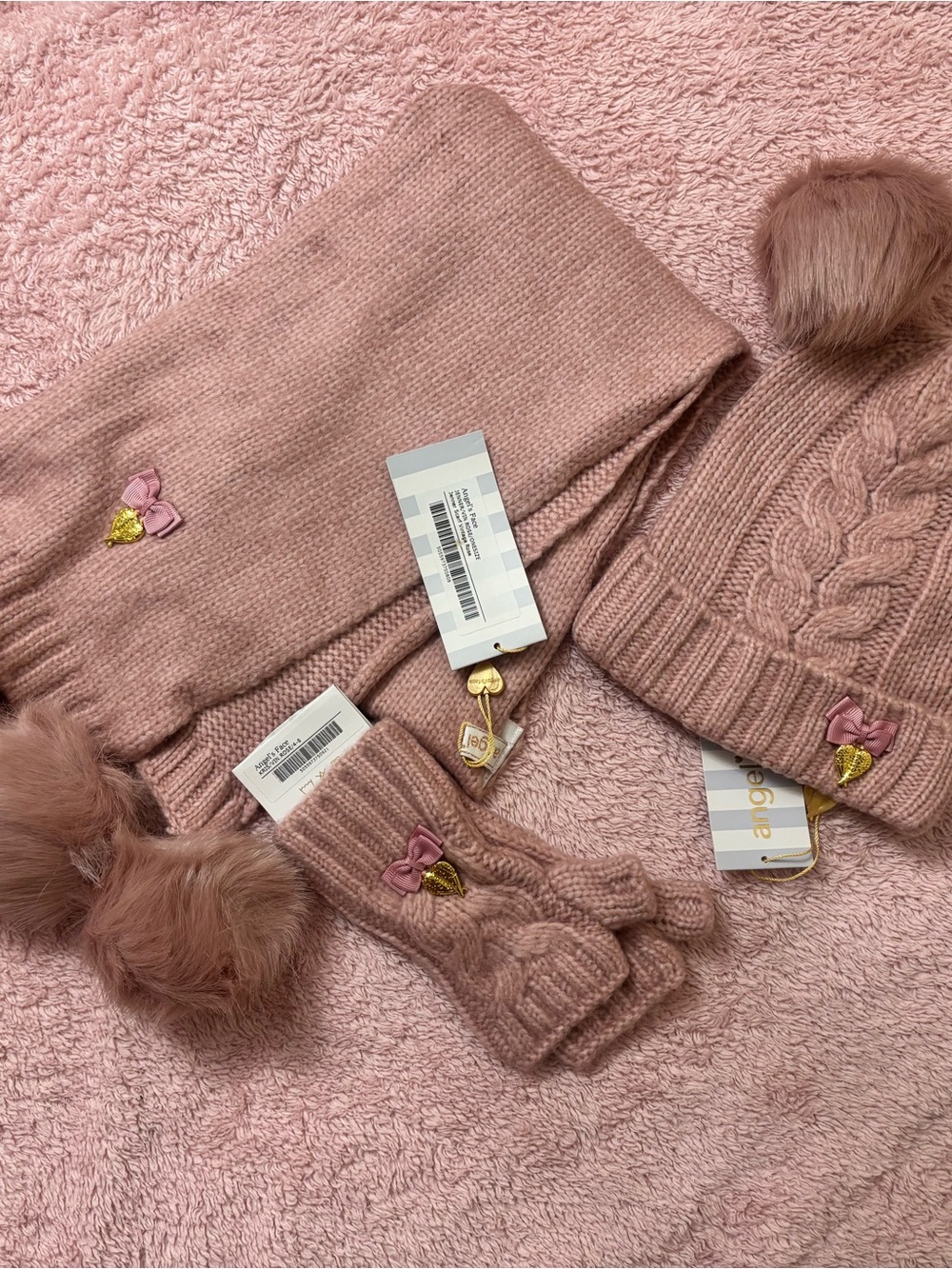 Girls' Pink Knit Hat, Scarf & Mitten Set with Pom-Poms